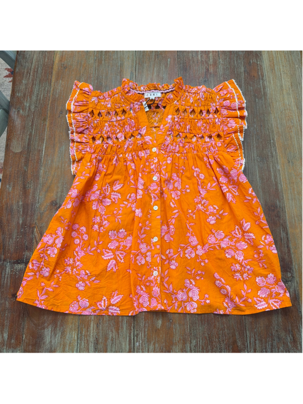 THML NWT XL Pink & Orange Floral Smocked Lattice Cutout Flutter Sleeve Swing Top